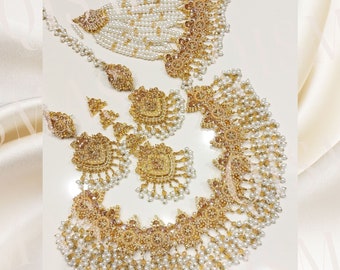 5 piece Gold & White (other colours available) bridal traditional heavy set Pakistani Indian shaadi nikkah jewellery bollywood wedding