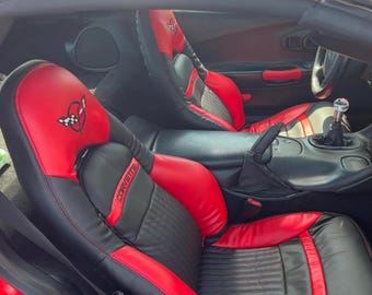 C5 Corvette Sports Car Seat Covers in Red & Black for Models (1997-2004) Faux Leather Custom Made Replacement
