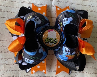 Stor handgjord svart orange hårrosett med Halloween-spöken; Höst-Halloween-hårspänne för flickor; Dubbelskiktad hårsnodd för flickor