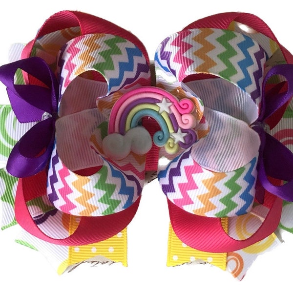 Handmade Rainbow Chevron Hair Bow; Girls rainbow Bow; Bright colored Hair Bow; OTT Hair Bows for Girls; Rainbow OTT hair bow; Toddlers