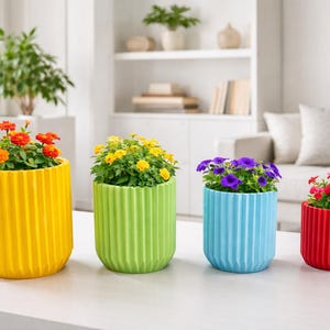 May include: Four brightly coloured, ribbed ceramic plant pots, each filled with flowering plants. The pots are yellow, green, blue, and red. The plants have orange, yellow, purple, and red flowers. The pots are on a white surface.