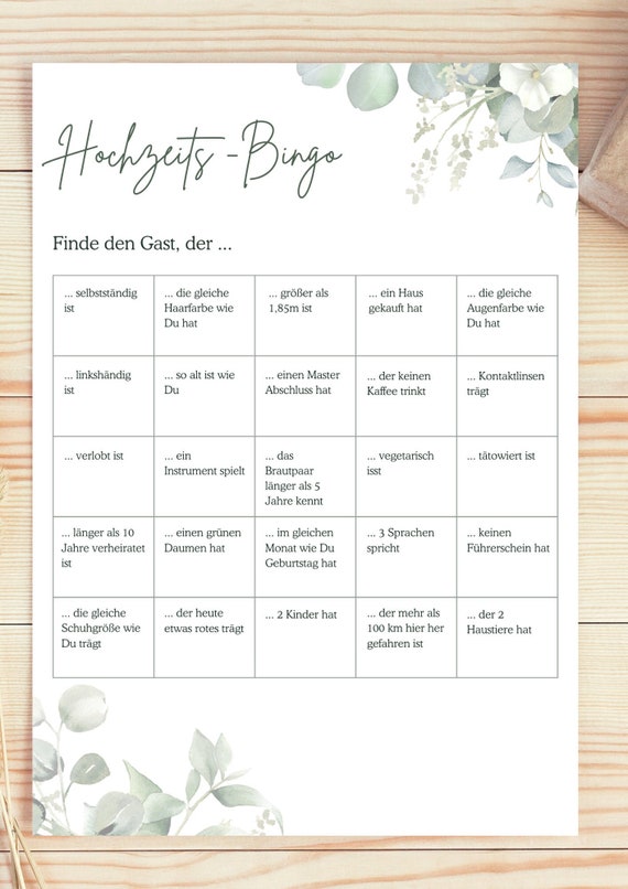Hochzeits-Bingo | Hochzeitsspiel | digitaler Download PDF | Spiel für Brautpaar und Gäste | Hochzeit | Partyspiel | Bingo