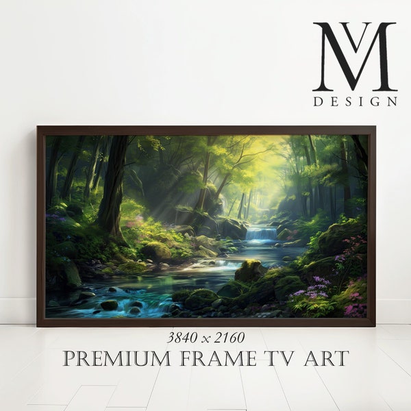 Pure Spring Water Forest Art, Samsung Frame TV Compatible, Nature Scenery with Waterfall and Sunrays, Mystical Wallpaper, Serene Landscape