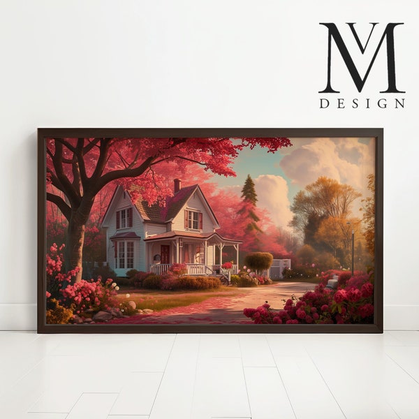 Dream House Valentine's Day Digital Art for Samsung Frame TV, Romantic Blossom Home Landscape, Warm Scenery Wall Art, Pink Trees