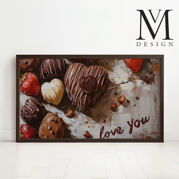 Romantic Oil Painting, Chocolate Hearts and Strawberries Love you for Samsung Frame TV, Valenties Day, Anniversary, Instant Digital Download