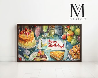 Birthday Feast Watercolor Art for Samsung Frame TV, Digital Download, Festive Home Decor, Birthday Celebration, TV Wall Art