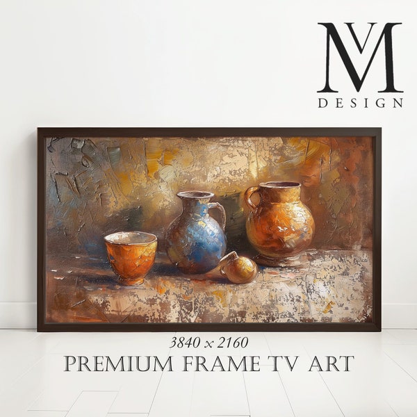 Vintage Still Life Oil Painting, Samsung Frame TV Art, Digital Download, Antique Vessels Image, Rustic Home Decor, Instant Art Display