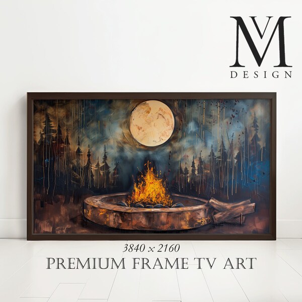 Rustic Oil Painting Digital Download, Moonlit Campfire Art for Samsung Frame TV, Large Abstract Landscape, Wide Format