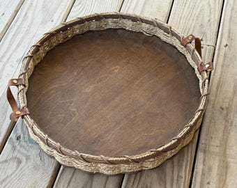 Handwoven Round Seagrass Tea Tray with Wooden Base, real leather handles, 17.5”