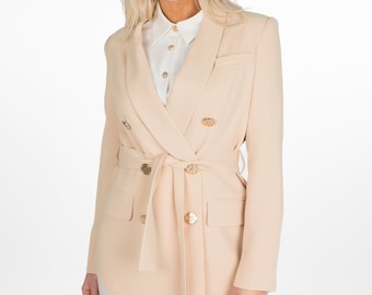 Beige Women's Golden Buttons Fitted Blazer Jacket Great for Casual Birthday Party Wedding Ceremony Graduation Office Wear High Quality