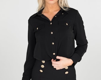 Women White/Black Blouse with Gold Buttons, Casual, Formal, or Business Wear, Long Sleeved, Satin