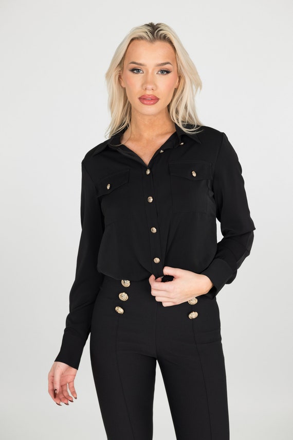 black dress blouse Women White/black With Gold Buttons, Casual, Formal, or Business Wear, Long Sleeved, Satin this solid blouse is