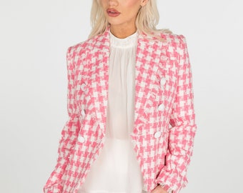 Handmade Women's Tweed Jacket, Fitted Luxury Blazer, Long Sleeve, Elegant Wear for Wedding, Graduation, Office, Formal, Casual, High Quality
