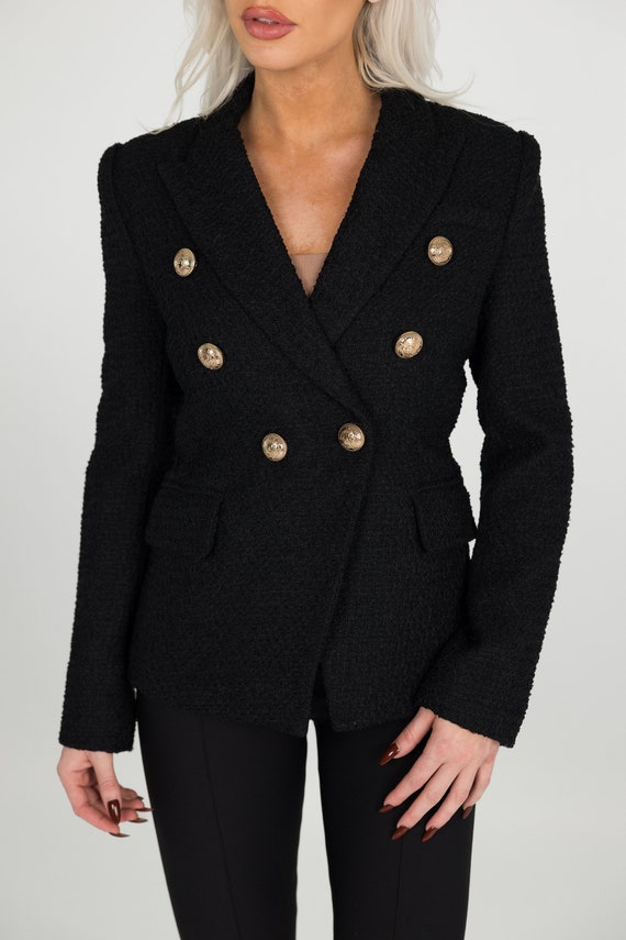 ◆DEINET◆ GOLD BOTTON TWEED JACKET IN BLACK KDBFU4S25110600 Women's Black Tweed Blazer, Fitted Elegant Jacket, Golden
