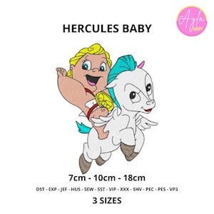 May include: A cartoon illustration of Hercules Baby riding a white Pegasus with blue and pink accents. The image includes the text "HERCULES BABY" and size measurements of 7cm, 10cm, and 18cm.