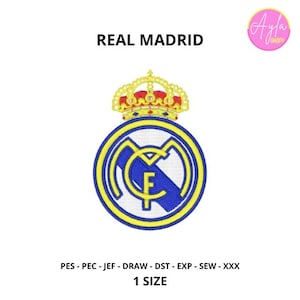 May include: Embroidered Real Madrid logo patch. The design features a gold crown above a circular emblem with a blue and yellow border. The text "REAL MADRID" is above the logo. The patch is one size.