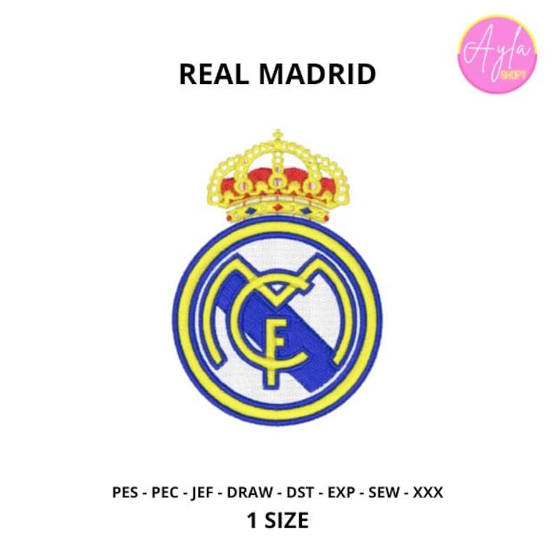 May include: Embroidered Real Madrid logo patch. The design features a gold crown above a circular emblem with a blue and yellow border. The text "REAL MADRID" is above the logo. The patch is one size.