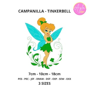 May include: A digital embroidery design featuring a cartoon fairy with turquoise wings and a green dress. The design includes the text "CAMPANILLA - TINKERBELL" and measurements of 2.75" - 3.94" - 7.09".
