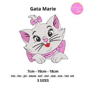Puede incluir: Diseño bordado de un gato de dibujos animados llamado Marie, con lazo rosa, orejas y collar. El diseño está disponible en tres tamaños: 7 cm, 10 cm y 18 cm. El texto "Gata Marie" está en la parte superior.