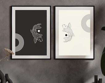 Yin Yang Koi Fish, Koi Fish Wall Art Print, Yin Yang Painting Abstract Canvas Art Feng Shui, Meditation Art, Black and White Prints Set of 2