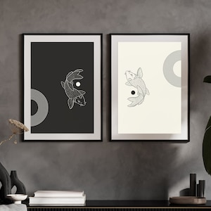 Yin Yang Koi Fish, Koi Fish Wall Art Print, Yin Yang Painting Abstract Canvas Art Feng Shui, Meditation Art, Black and White Prints Set of 2