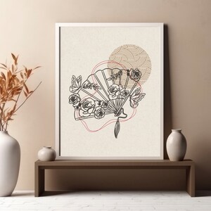 Japandi Wall Art Beige Black, Japandi Art Print, Asian Wall Art, Asian Fan Wall Decor, Neutral Wall Art Printable, Floral Prints Download