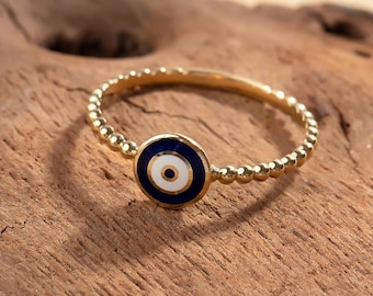 Dainty Evil Eye Ring Beaded Band | 8K 9K 10K 14K Solid Gold Turkish Eye Ring | Good Luck Gift for Her | Blue Enamel Nazar Eye Jewelry