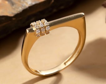 Stackable Flat Top Ring | 14K 10K 9K 8K Solid Gold Bar Ring | Geometric Contemporary Ring | Modern Square Edge Ring with Sparkling Stones
