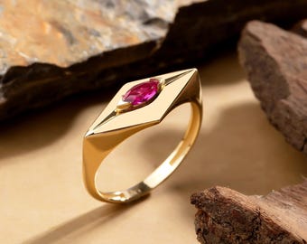 14K Marquise Cut Ruby Ring with CZ Accents | Solid Gold Modern Ruby Ring | Anniversary Gift for Her | Women's Fine Jewelry for Daily Wear