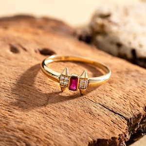 14K Emerald Cut Ruby Ring with CZ Accents | 14K Solid Gold Modern Ruby Ring | Anniversary Gift for Her | Women&#39;s Fine Jewelry for Daily Wear