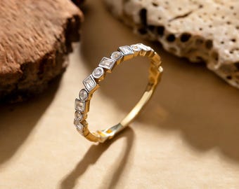 Solid Gold Geometric Diamond Band Ring | Mixed Shape Stacking Ring for Women | 8K 9K 10K 14K Half Eternity Band | Anniversary Gift for Her