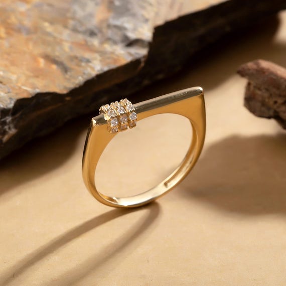 Stackable Flat Top Ring | 14K 10K 9K 8K Solid Gold Bar Ring | Geometric Contemporary Ring | Modern Square Edge Ring with Sparkling Stones