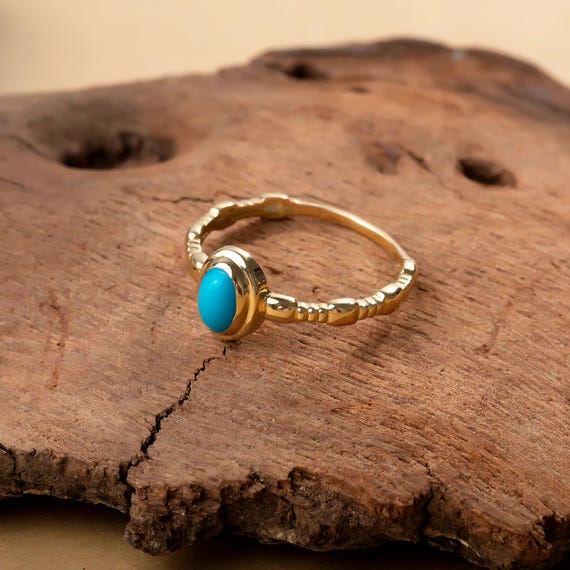 Turquoise Cabochon Gold Ring | 14K 10K 9K 8K Solid Gold Turquoise Ring | Textured Band Oval Gemstone Ring | Handmade Turquoise Jewelry Gift