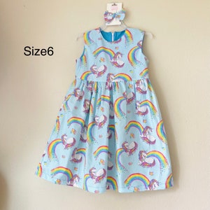Unicorn rainbow dress size 6-7 years old with matching hair bow, special day dress, spring and summer dress
