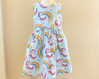 Rainbow unicorn dress size 3 years old, 3T dress, special day dress, girl dress with matching hair bow, spring and summer dress,