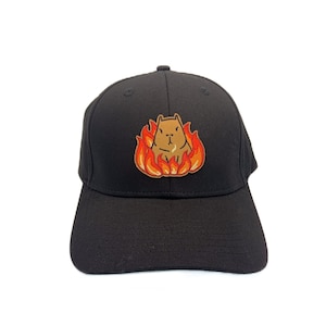 May include: A black baseball cap with an embroidered patch of a brown capybara in a ring of orange flames.