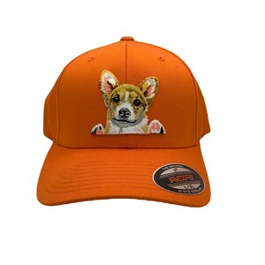 May include: Orange baseball cap with a white and brown dog peeking out of the front pocket. The cap has a black Flexfit label on the back.