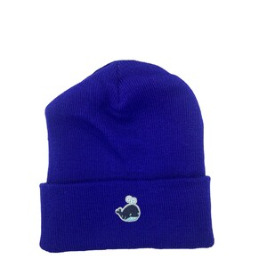 Può includere: Un berretto viola con un piccolo disegno di balena ricamato sul davanti.