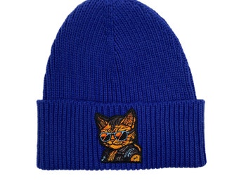 Blue Badass Cat Beanie, unisex winter Tuque, hand sewn patch