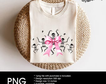 Dancing skeletons and pink bow design png, halloween png, skeleton with bow png, cute skeletons, cute skull png, skeleton halloween png