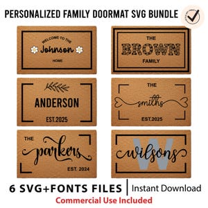 Puede incluir: Un conjunto de seis felpudos marrones con bordes negros, cada uno con un apellido. Los felpudos incluyen el texto "Welcome to the Johnson Home" y "EST.2025". El texto "6 SVG+FONTS FILES" también es visible.