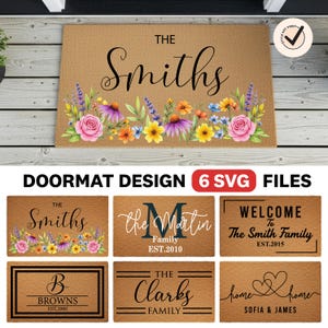 May include: A rectangular doormat with the text "The Smiths" in a cursive font, above a floral border of pink roses, purple coneflowers, and yellow and blue flowers. The image also shows 6 doormat designs.