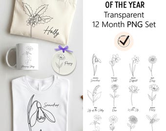 Birth Flower PNG Set: Botanical Line Art Clipart (Digital Download)