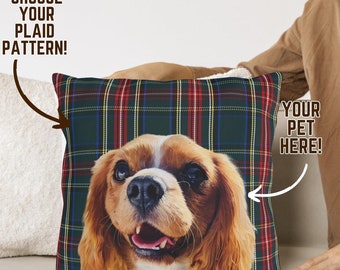 Cojín a cuadros con retrato personalizado de mascota / Regalo personalizado para perros y gatos