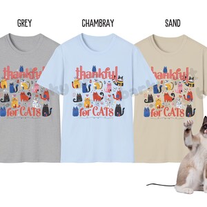 May include: Three t-shirts in grey, chambray, and sand colors, each with the text "thankful for CATS" and a colorful cat illustration. A cat is in the foreground, raising a paw.