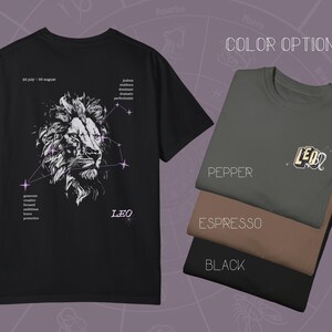 Puede incluir: Camiseta negra con un gr&aacute;fico blanco de una cabeza de le&oacute;n y estrellas. El texto "LEO" est&aacute; impreso debajo del gr&aacute;fico. La camiseta se muestra en tres opciones de color: Pepper, Espresso y Negro.