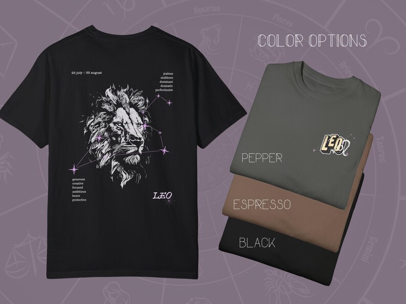 Puede incluir: Camiseta negra con un gr&aacute;fico blanco de una cabeza de le&oacute;n y estrellas. El texto "LEO" est&aacute; impreso debajo del gr&aacute;fico. La camiseta se muestra en tres opciones de color: Pepper, Espresso y Negro.