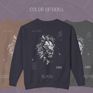 Puede incluir: Tres sudaderas de manga larga con un gr&aacute;fico de le&oacute;n y el texto "Leo" en blanco. Las sudaderas est&aacute;n disponibles en colores espresso, negro y pimienta.