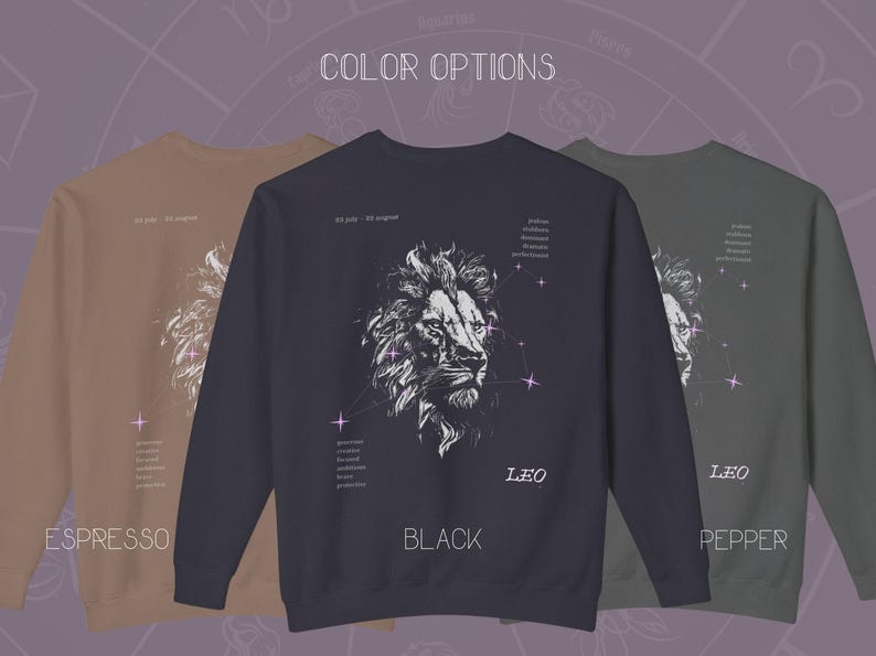 Puede incluir: Tres sudaderas de manga larga con un gr&aacute;fico de le&oacute;n y el texto "Leo" en blanco. Las sudaderas est&aacute;n disponibles en colores espresso, negro y pimienta.