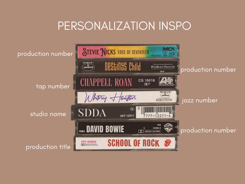 May include: A stack of cassette tapes with various artists and titles, including Stevie Nicks, Destiny's Child, Chappell Roan, Whitney Houston, and David Bowie. The bottom tape is labeled "School of Rock".